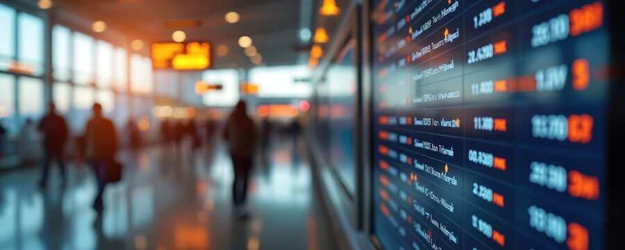 Airport flight information display screen with flight schedule info, blurred passenger silhouettes. Air transport departures, arrivals timetable. Passengers transit in terminal hall. Flight