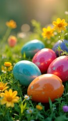 Beautifully arranged Easter eggs in vibrant colors, sitting on vivid green grass with lovely wildflowers, evoking playful spirit of Easter celebrations. Great for seasonal cards and art prints.