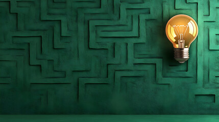 In the middle of a vast, green labyrinth, a glowing lightbulb represents a concept or resolution to a challenging issue.