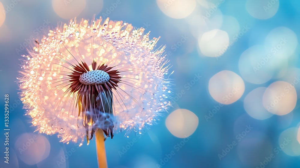 Poster close up view of a dandelion seed head with dew drops