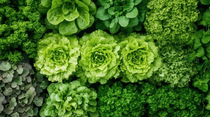A vibrant overhead shot of many assorted green leafy vegetables