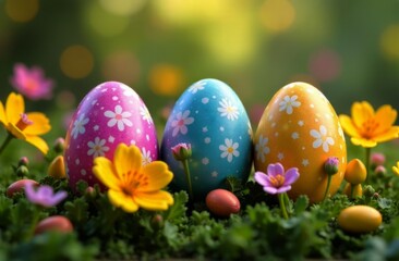 Beautifully arranged Easter eggs in vibrant colors, sitting on vivid green grass with lovely wildflowers, evoking playful spirit of Easter celebrations. Great for seasonal cards and art prints.