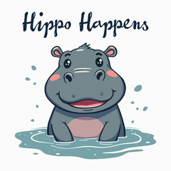 Fun hippo design, joyful expression with whimsical text