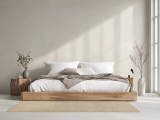 A modern minimalist bedroom showcasing a bed with natural aesthetic design