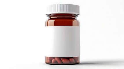A brown glass bottle filled with red capsules, featuring a blank white label for customization.