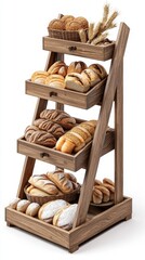 Rustic Wooden Shelf Display of Assorted Breads and Pastries