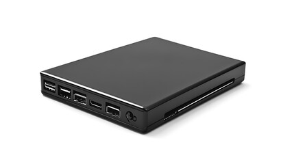 A sleek black external hard drive with multiple USB ports for data storage and transfer.