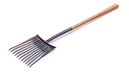 A metal garden rake with a wooden handle, used for soil cultivation and debris removal.