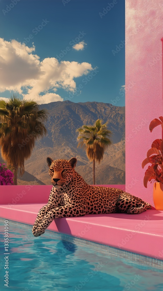 Poster leopard relaxing by the pool in a vibrant and colorful desert setting