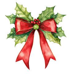 Festive holiday decoration featuring vibrant red bow and bright green holly leaves exudes cheerful Christmas spirit