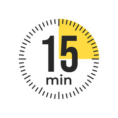 15 or fifteen minute Timer, clock, stopwatch isolated icons. Countdown timer symbol. Label cooking time. Minute timer, Time measure, Chronometer, Alarm, Kitchen timer, label, sticker, stamp.  Vector