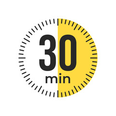 30 or thirty minute Timer, clock, stopwatch isolated icons. Countdown timer symbol. Label cooking time. Minute timer, Time measure, Chronometer, Alarm, Kitchen timer, label, sticker, stamp.  Vector