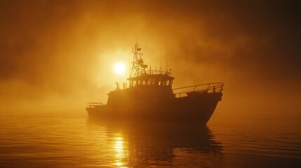 Obraz premium Silhouette of a ship at sunrise, shrouded in mist