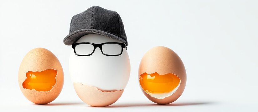 White egg wearing eyeglasses and baseball cap celebrating National Egg Day with cracked eggs - Powered by Adobe