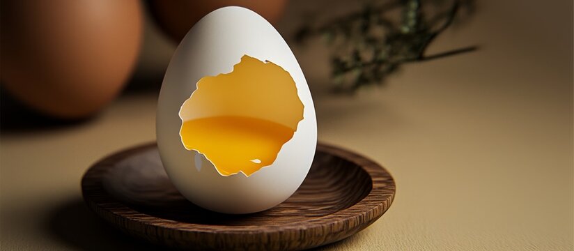 White egg with open shell showing yolk resting on small wooden plate celebrating National Egg Day - Powered by Adobe