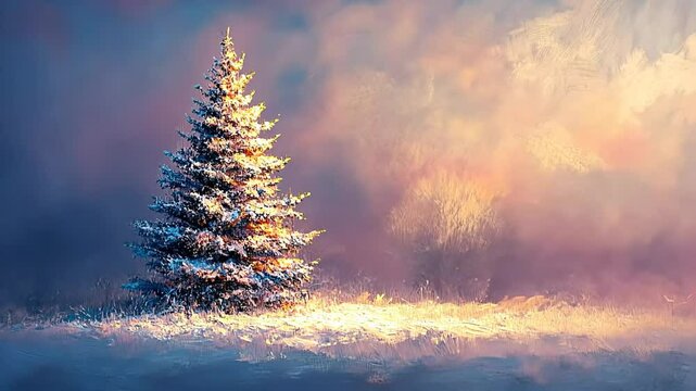 Snowy pine tree in winter landscape with soft light