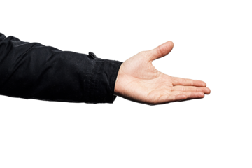The image displays a close up of a person's hand outstretched in an open palm gesture.