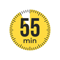 55 or fifty five minute Timer, clock, stopwatch isolated icons. Countdown timer symbol. Label cooking time. Minute timer, Time measure, Chronometer, Alarm, Kitchen timer, label, sticker, stamp. Vector