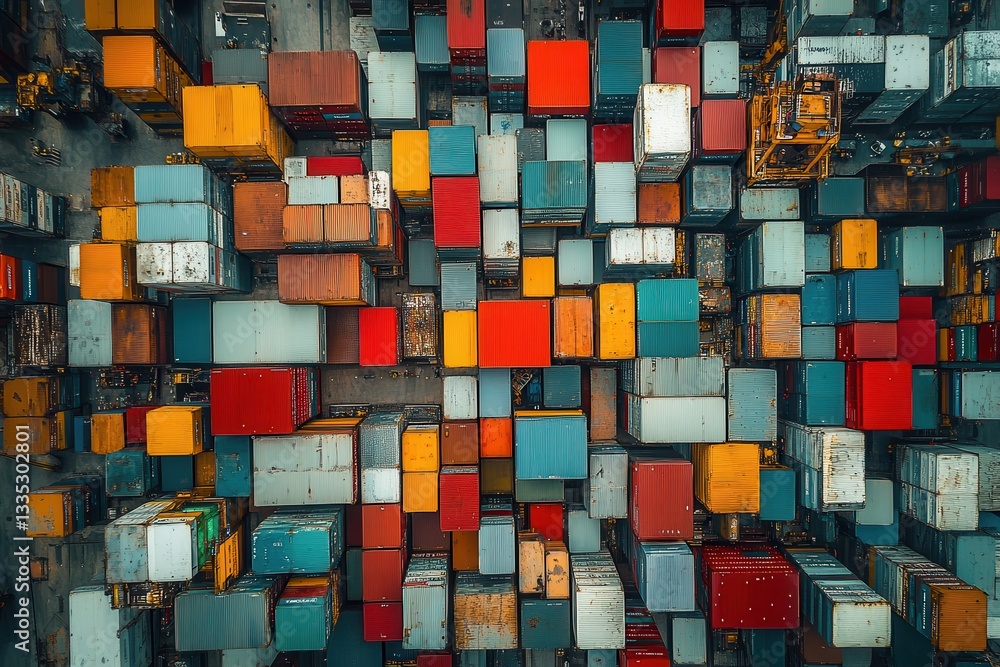 Poster aerial view of a vibrant shipping container yard filled with colorful containers stacked neatly