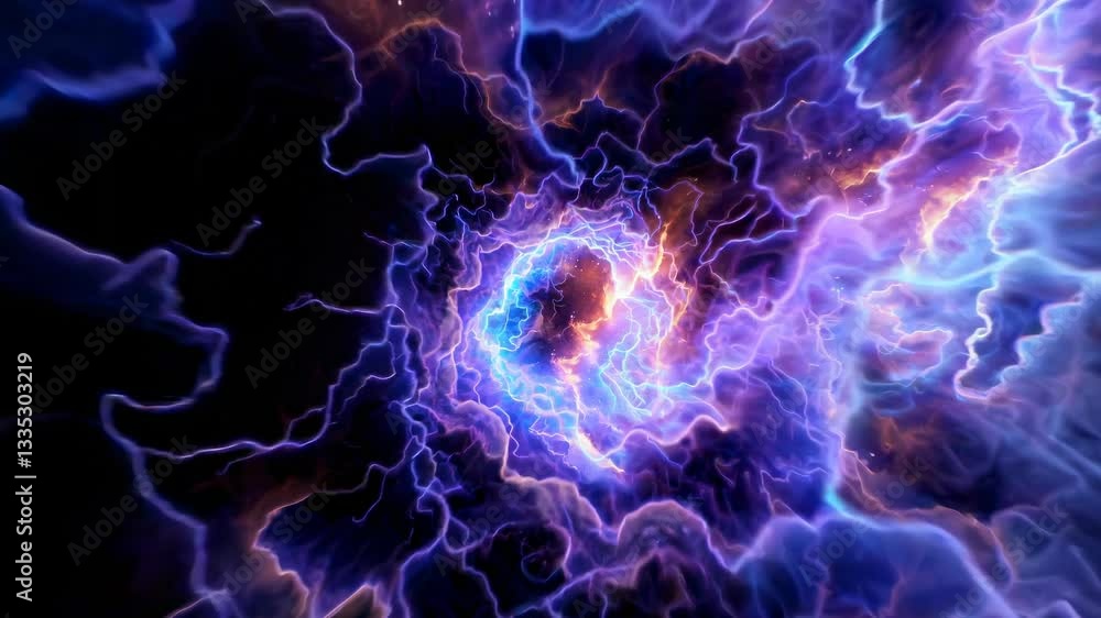 Poster Lightning bolts pierce galactic clouds. Purple and blue plasma formations create mesmerizing spiral patterns in deep space. Fixed view composition