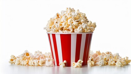 red white paper bucket full of popcorn on isolated transparent background