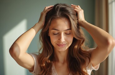 Young woman giving relaxing head massage at home. Promote hair growth, stimulate scalp with hands. Natural light indoors, wellness, beauty routine. Self care essential, relaxation, stress relief.