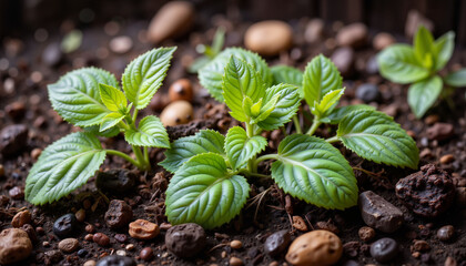 Vibrant green leaves emerging from dark soil, symbolizing growth