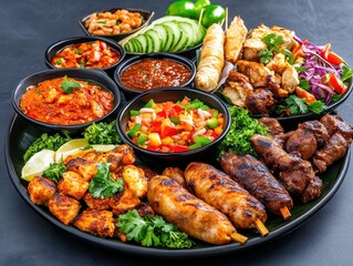 Fototapeta premium A vibrant platter of assorted grilled meats and fresh vegetables served elegantly