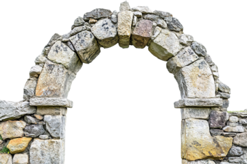 The image depicts a stone archway constructed with various sized natural stones suggesting an ancient build.