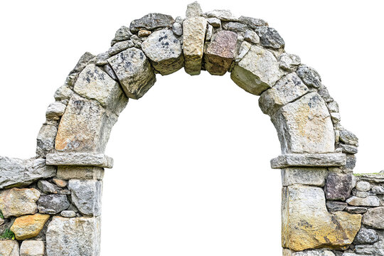The image depicts a stone archway constructed with various sized natural stones suggesting an ancient build.