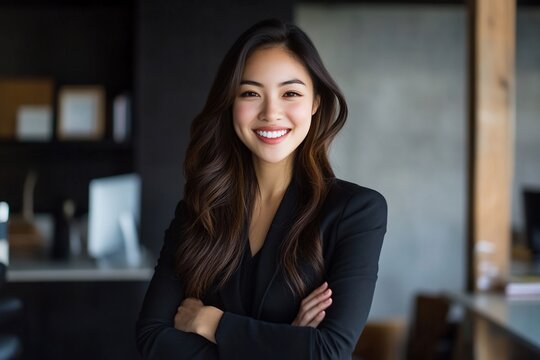 Confident businesswoman in modern office setting.  Smiling professional with arms crossed, radiating poise and success in a contemporary workspace