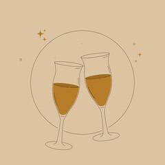 =Minimalist line art illustration of two champagne glasses clinking together on a beige background. Perfect for celebrations, weddings, branding, menus, and festive designs.