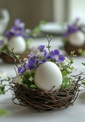 Decorative Nest With White Egg and Flowers in a Cozy Spring Setting