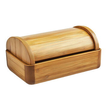 This image depicts a rectangular breadbox made of light-brown bamboo with a roll-top lid.
