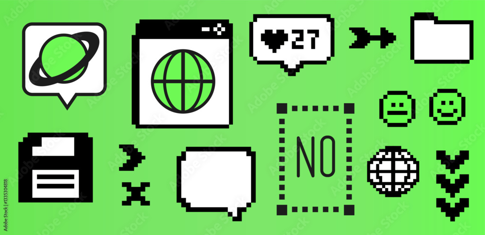 Poster vibrant y2k vector illustration featuring retro digital icons like planets, hearts, and folders in a