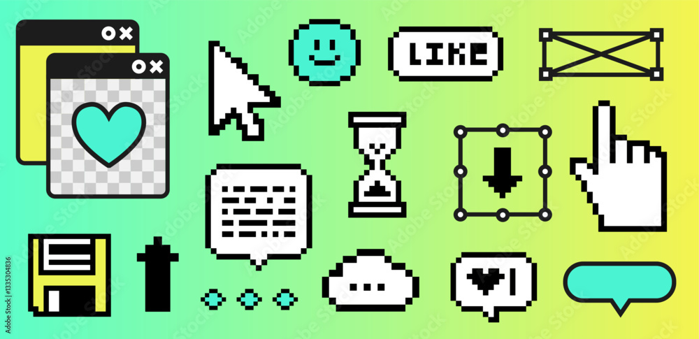 Poster pixels elements in the mood of 90's aesthetics. y2k trendy stickers in 8-bit retro style on a gradie