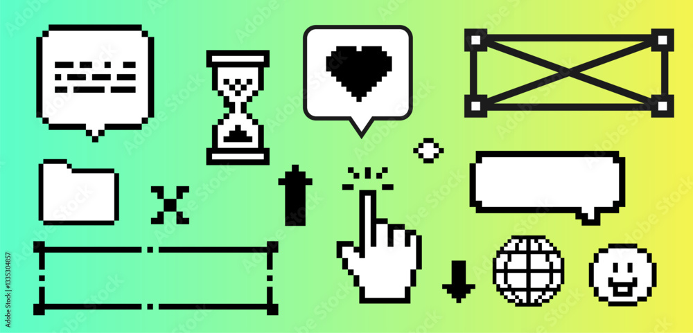 Poster Pixels elements in the mood of 90's aesthetics. Y2k trendy stickers in 8-bit retro style on a gradient green background. Geometric Brutalism Simple forms, shapes and symbols.  