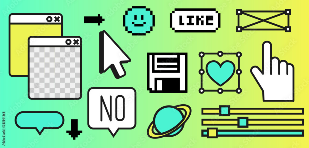 Poster pixels elements in the mood of 90's aesthetics. y2k trendy stickers in 8-bit retro style on a gradie