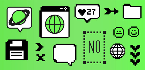 Vibrant Y2K vector illustration featuring retro digital icons like planets, hearts, and folders in a pixelated style, set against a bright green background. Pixels elements in the mood of 90's.