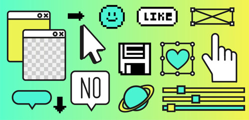 Pixels elements in the mood of 90's aesthetics. Y2k trendy stickers in 8-bit retro style on a gradient green background. Geometric Brutalism Simple forms, shapes and symbols.  