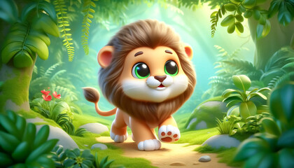 3D funny baby lion cartoon illustration