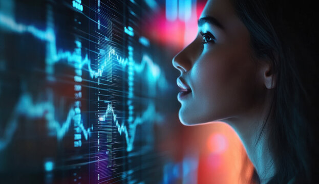 Side view of woman with open mouth, blue face, soundwave graphics voice recognition tech. AI processes speech, enables natural language interaction, dictation, authentication, smart assistance