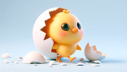 Cute baby chick cartoon inside an egg with broken shell