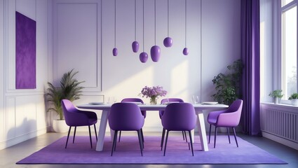 Aesthetic gradient white to purple themed dining room interior concept