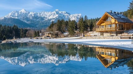 Naklejka premium Scenic Mountain Lodge Reflection in Calm Lake Surrounded by Snow-Capped Peaks and Lush Evergreen Forests Under Clear Blue Sky