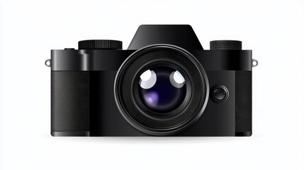 Black camera with a large lens facing forward on a white background