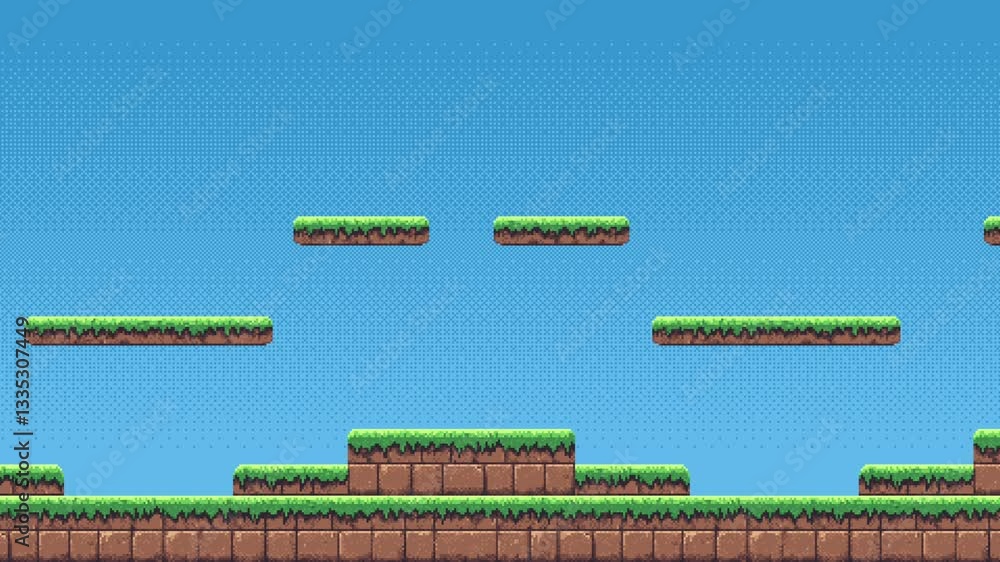 Poster pixel art retro game level, 8 bit 2d video game background, pixel template. stones, grass and blue s