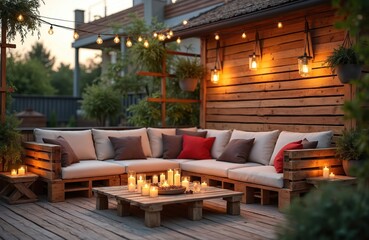 Fototapeta premium Outdoor patio area with pallet furniture sofa, table set. Stylish recycled upcycled waste crafts design. Evening backyard lounge zone with wooden couch pillows. Candles, string lights create