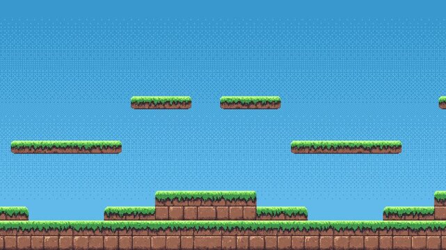 pixel art retro game level, 8 bit 2d video game background, pixel template. stones, grass and blue sky. game platforms.