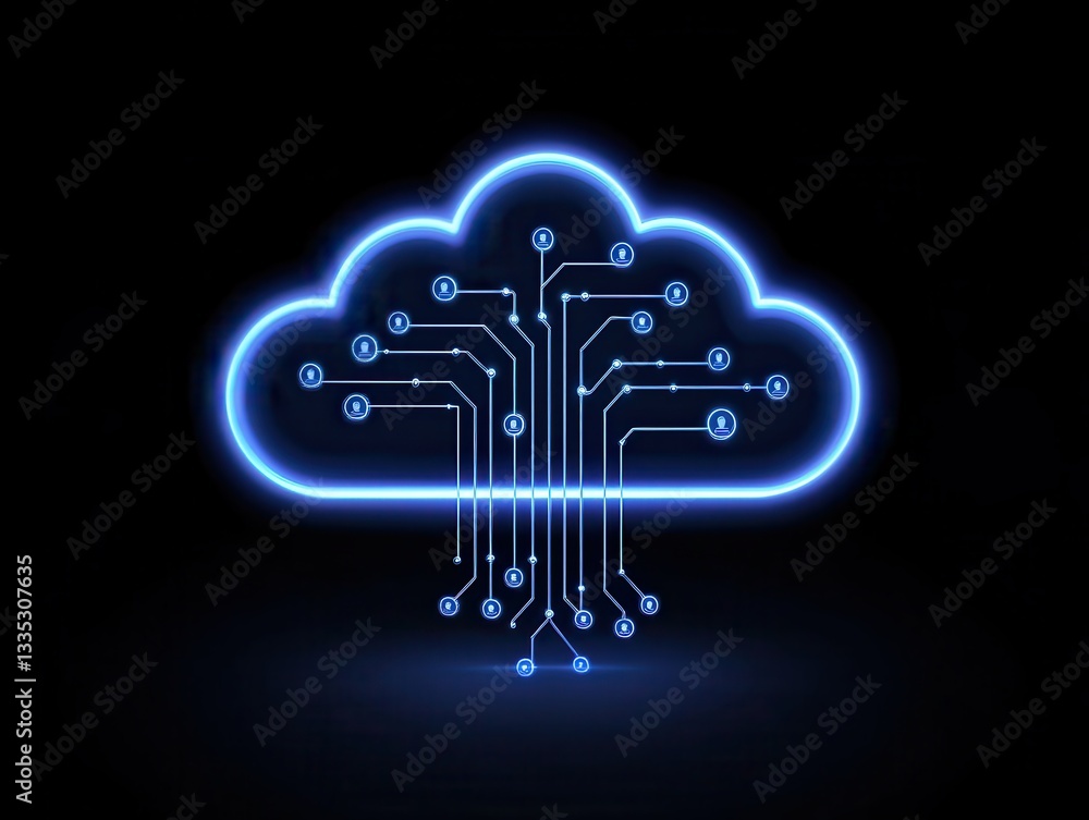 Poster neon cloud symbol with circuit patterns, glowing against a dark background